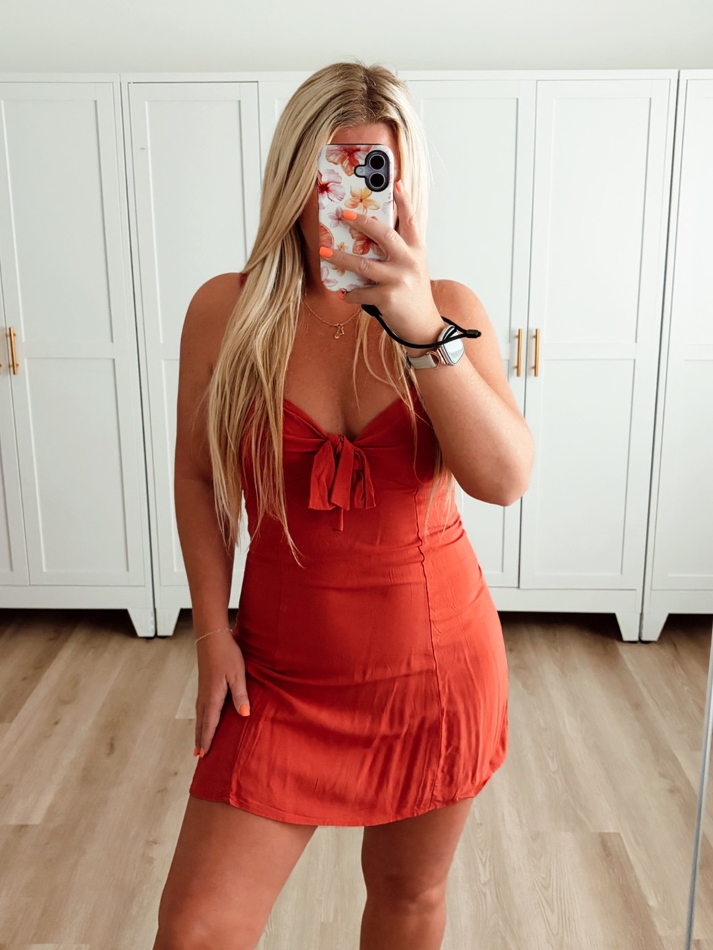 Red front tie mini sundress
